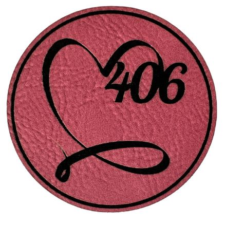 Image of the 406 Love Pink Faux Leather Patch, featuring the iconic '406 Love' design on a vibrant pink faux leather patch, ideal for expressing Montana pride with a stylish accessory.