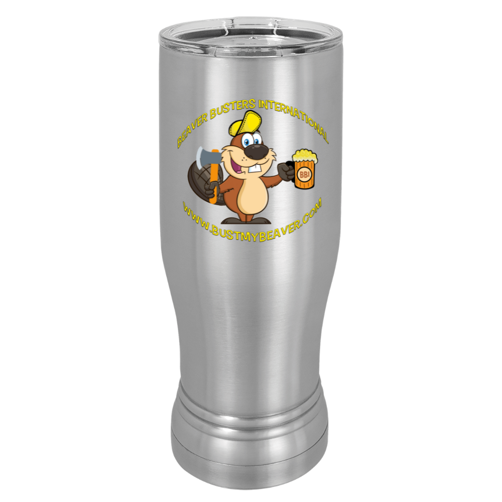 Image of the Beaver Buster 14 oz. Polar Camel Pilsner with Clear Lid, showcasing its sleek design and clear lid, perfect for enjoying beverages outdoors or at home.