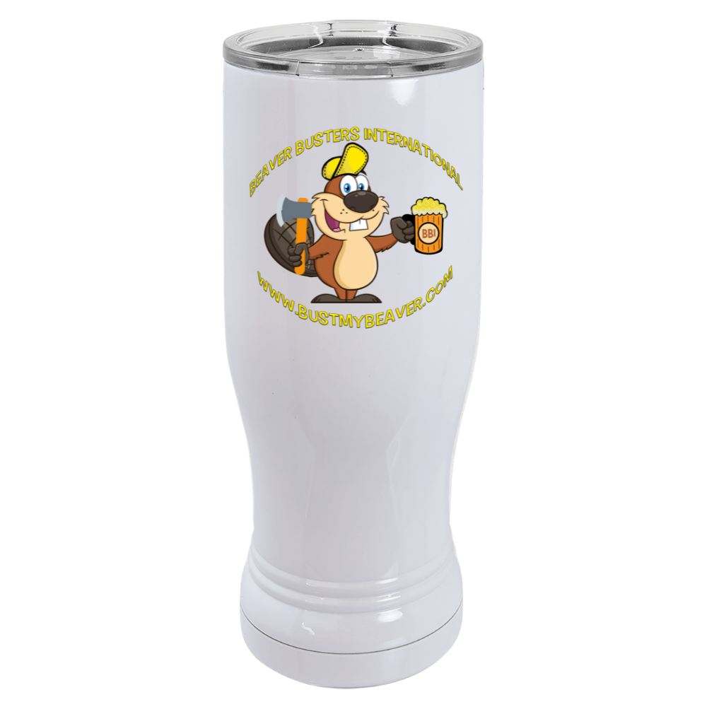 Image of the Beaver Buster 14 oz. Polar Camel Pilsner with Clear Lid, showcasing its sleek design and clear lid, perfect for enjoying beverages outdoors or at home.