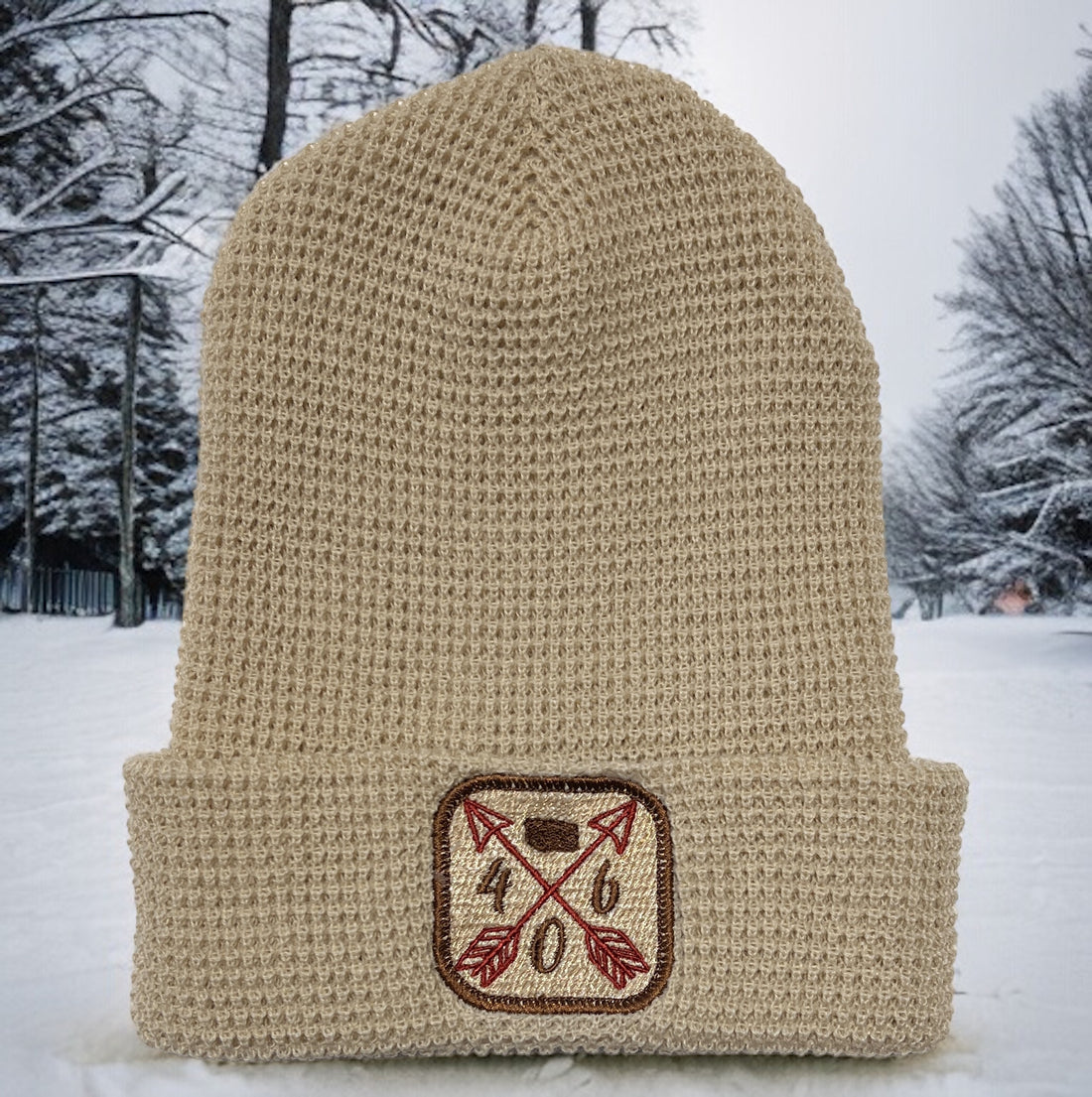 A waffle-knit beanie with "Montana Pride" embroidery, ideal for staying warm in style while showing love for the Treasure State.