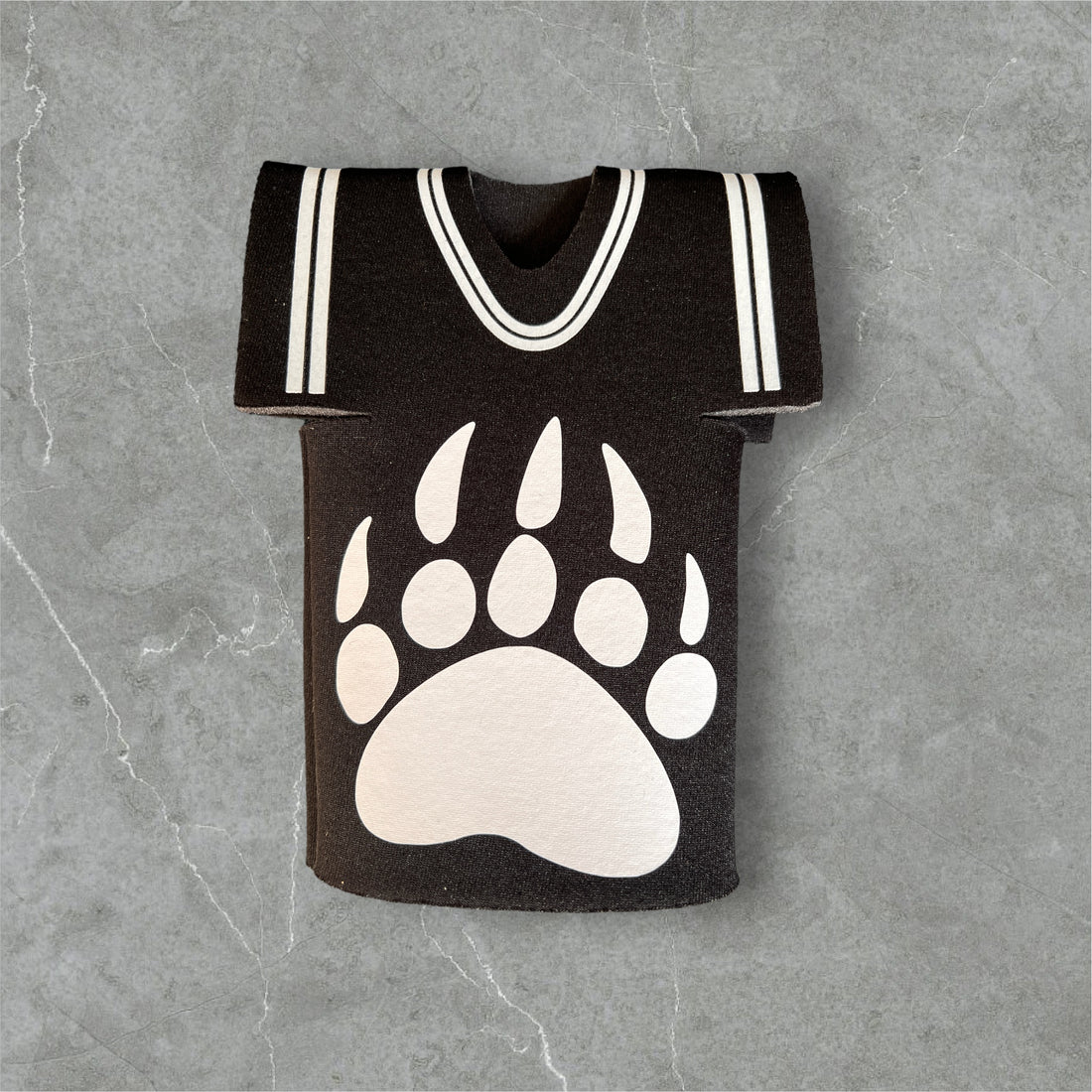 Image of the Griz Paw Football Jersey Drink Koozie, featuring a football jersey design with the Griz Paw logo, perfect for keeping your beverage cold on game day.