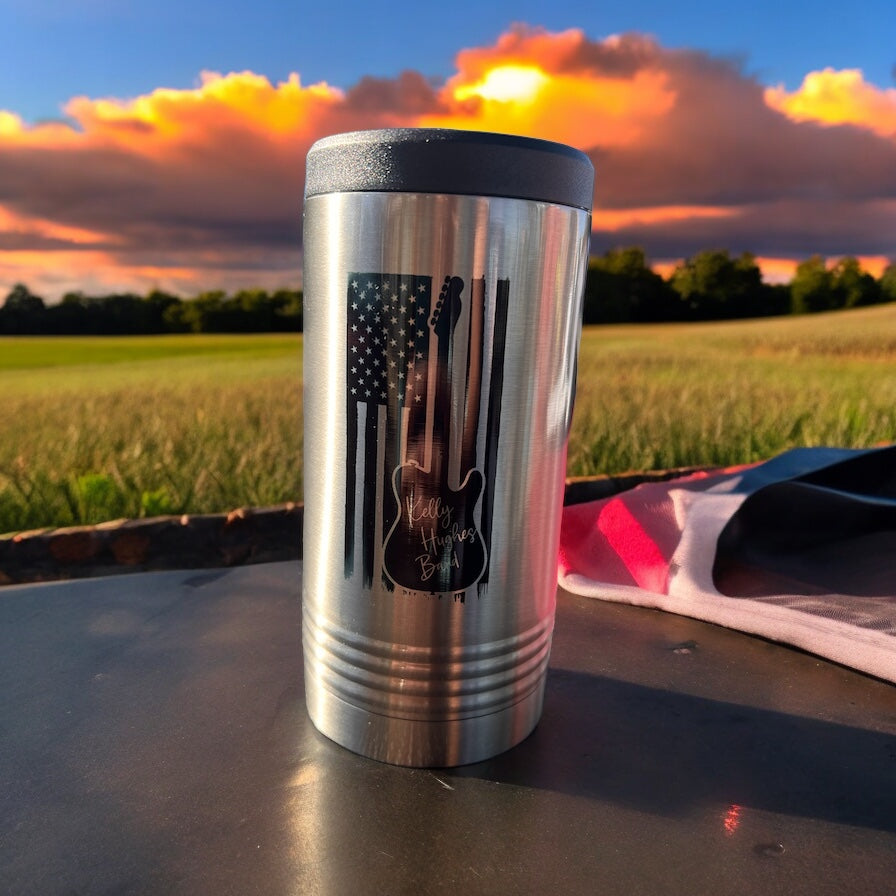 Image of the Kelly Hughes Band Flag Skinny Beverage Holder, featuring a sleek design with the American flag and band's logo, perfect for keeping beverages cold in patriotic style.