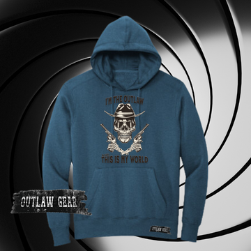 Image of the "I'm the Outlaw and This is My World" Fleece Hoodie in Heather Blue, featuring a bold slogan print, perfect for expressing rebellious spirit with comfort and style.