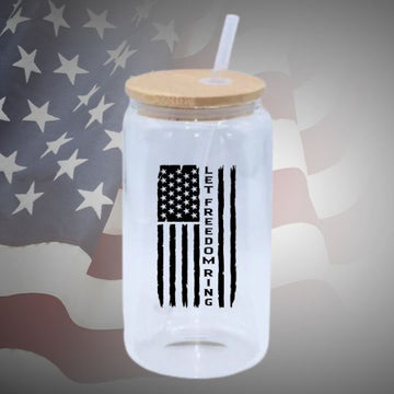 Let Freedom Ring Glass Beer Can with Bamboo Lid & Straw - Frosted or Clear