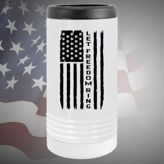 Image of the Let Freedom Ring Skinny Metal Beverage Holder available in white or silver options, featuring the patriotic slogan, perfect for keeping drinks cool and displaying patriotism at barbecues or picnics.