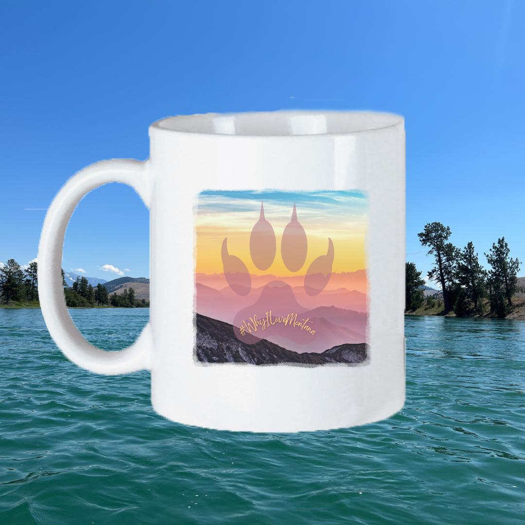  Image of the 11oz Bear Paw Sunrise Above the Mountains Mug, featuring a picturesque sunrise scene above the mountains, perfect for nature lovers to enjoy their morning beverage.