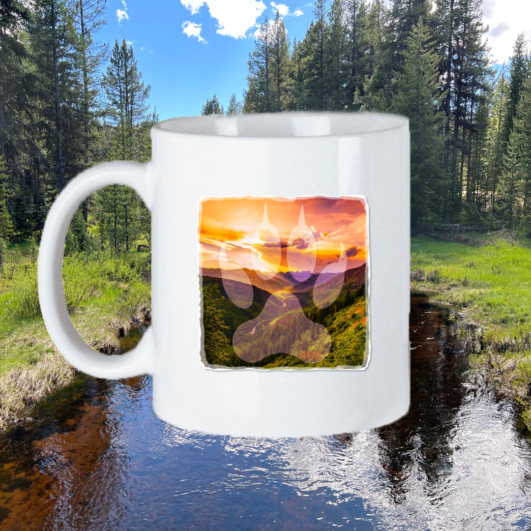  Image of the 11oz Bear Paw Sunrise in the Valley Mug, showcasing a peaceful sunrise scene set within a lush valley, ideal for nature enthusiasts to appreciate during their morning routine.
