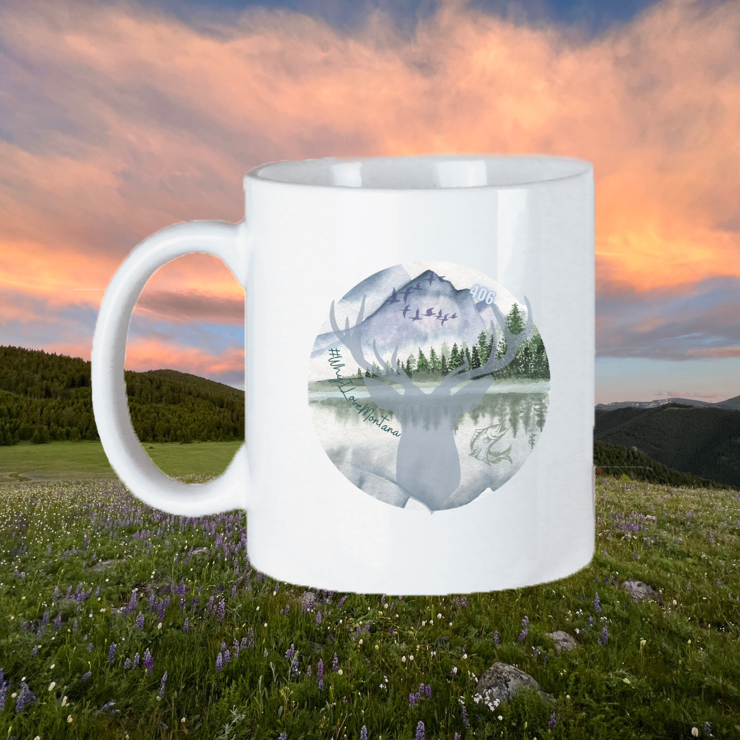 Image of the 11oz Deer & Fish Mug, showcasing intricately designed deer and fish artwork, ideal for nature lovers to enjoy their drink while appreciating the beauty of wildlife.