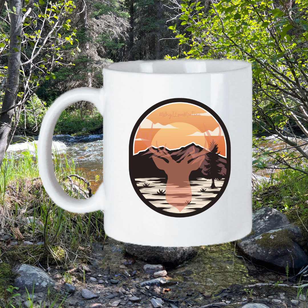  Image of the 11oz Deer & Moon Silhouette Mug, featuring a tranquil silhouette of a deer under the moonlight, perfect for nature enthusiasts to enjoy their drink while admiring the beauty of the night sky.