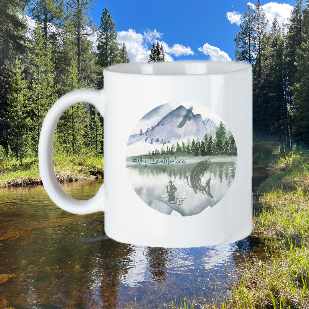 Image of the 11oz Fishing WhyILoveMontana Mug, featuring a serene fishing scene against the backdrop of Montana's scenic beauty, perfect for outdoor enthusiasts to enjoy their drink while reminiscing about their adventures in the state.