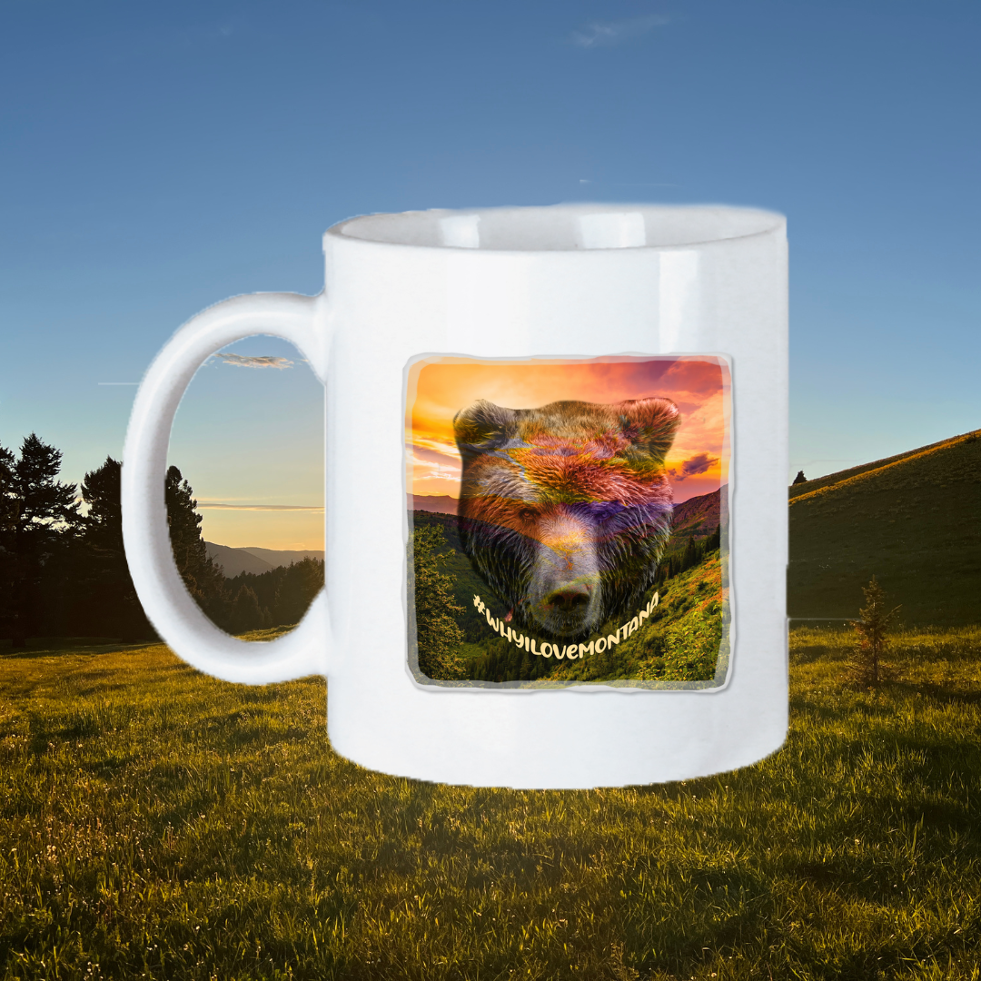  Image of the 11oz Bear Valley Sunrise Mug, featuring a serene sunrise scene in a valley with a bear silhouette, perfect for nature enthusiasts to enjoy their morning drink.