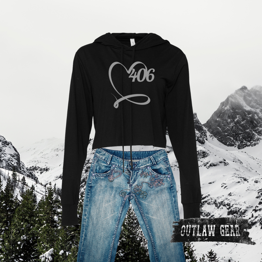  Image of the 406 Love Crop Top Hoodies, featuring the iconic '406 Love' design, ideal for expressing Montana pride in a fashionable and comfortable way.