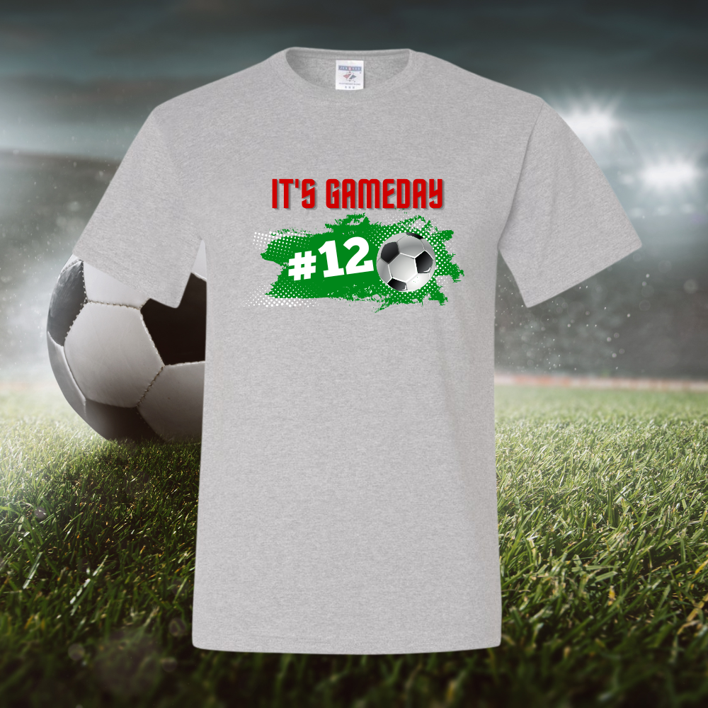 Image of the "It's Game Day Soccer" T-shirt, featuring a sporty design, perfect for expressing love for soccer with comfort and style.