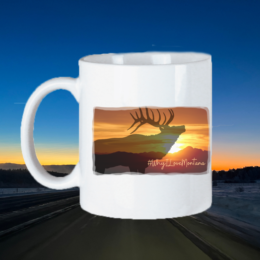  Image of the 11oz Elk Sunset Scene Mug, showcasing the majestic silhouette of an elk against a stunning sunset backdrop, perfect for nature enthusiasts to enjoy their drink while appreciating the beauty of wildlife.