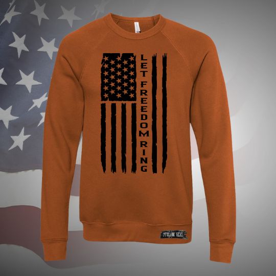  Image of the Let Freedom Ring Sponge Fleece Raglan Crewneck Sweatshirt featuring the patriotic slogan, perfect for staying warm and stylish while celebrating freedom.