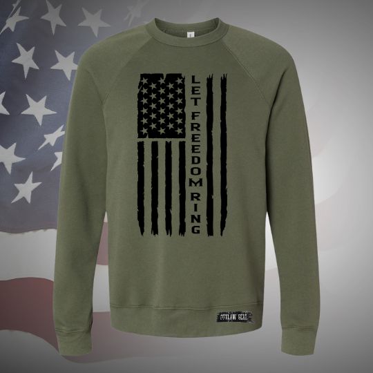  Image of the Let Freedom Ring Sponge Fleece Raglan Crewneck Sweatshirt featuring the patriotic slogan, perfect for staying warm and stylish while celebrating freedom.