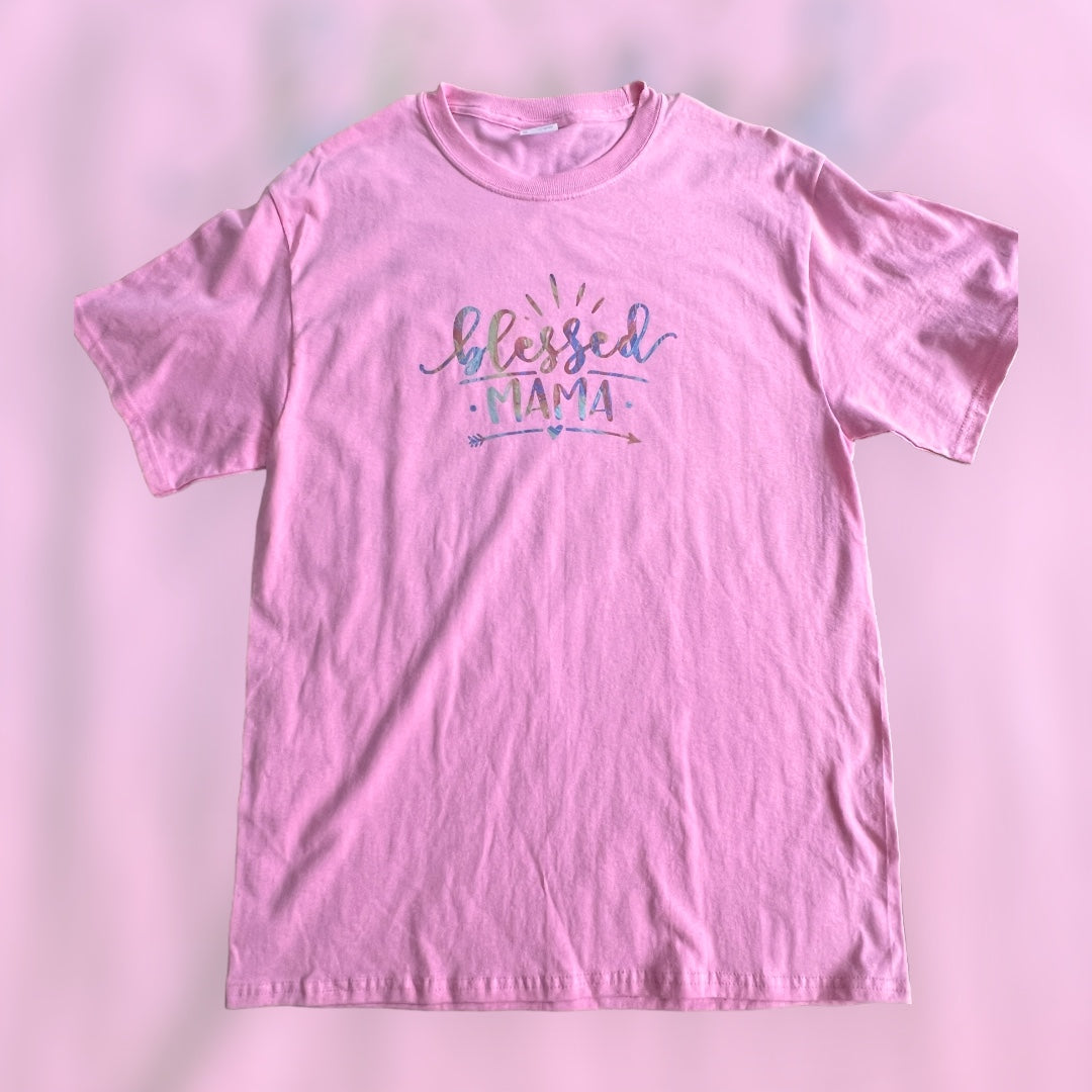 💖👩‍👧‍👦 "Blessed Mama" Pink T-Shirt with Multi-Color Design 🌈🌟 - Size Medium