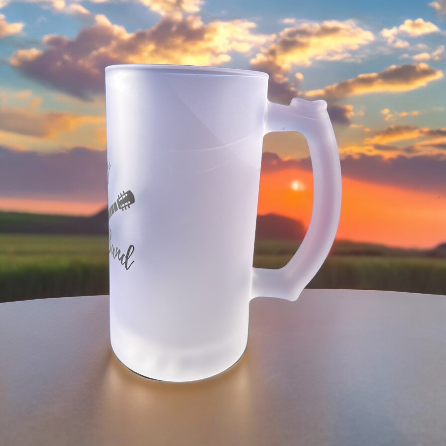 Image of the Kelly Hughes Band Frosted Beer Mug, featuring the band's logo on frosted glass, perfect for enjoying your favorite brew with style.