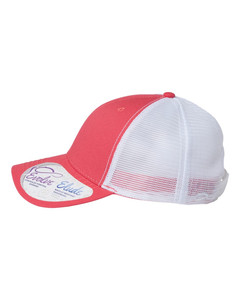 A women's modern trucker cap in coral with white mesh back.