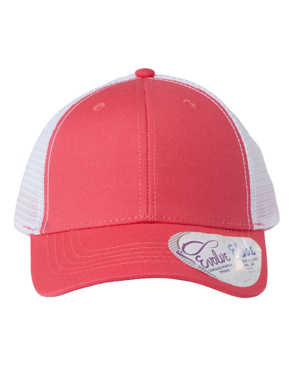A women's modern trucker cap in coral with white mesh back.