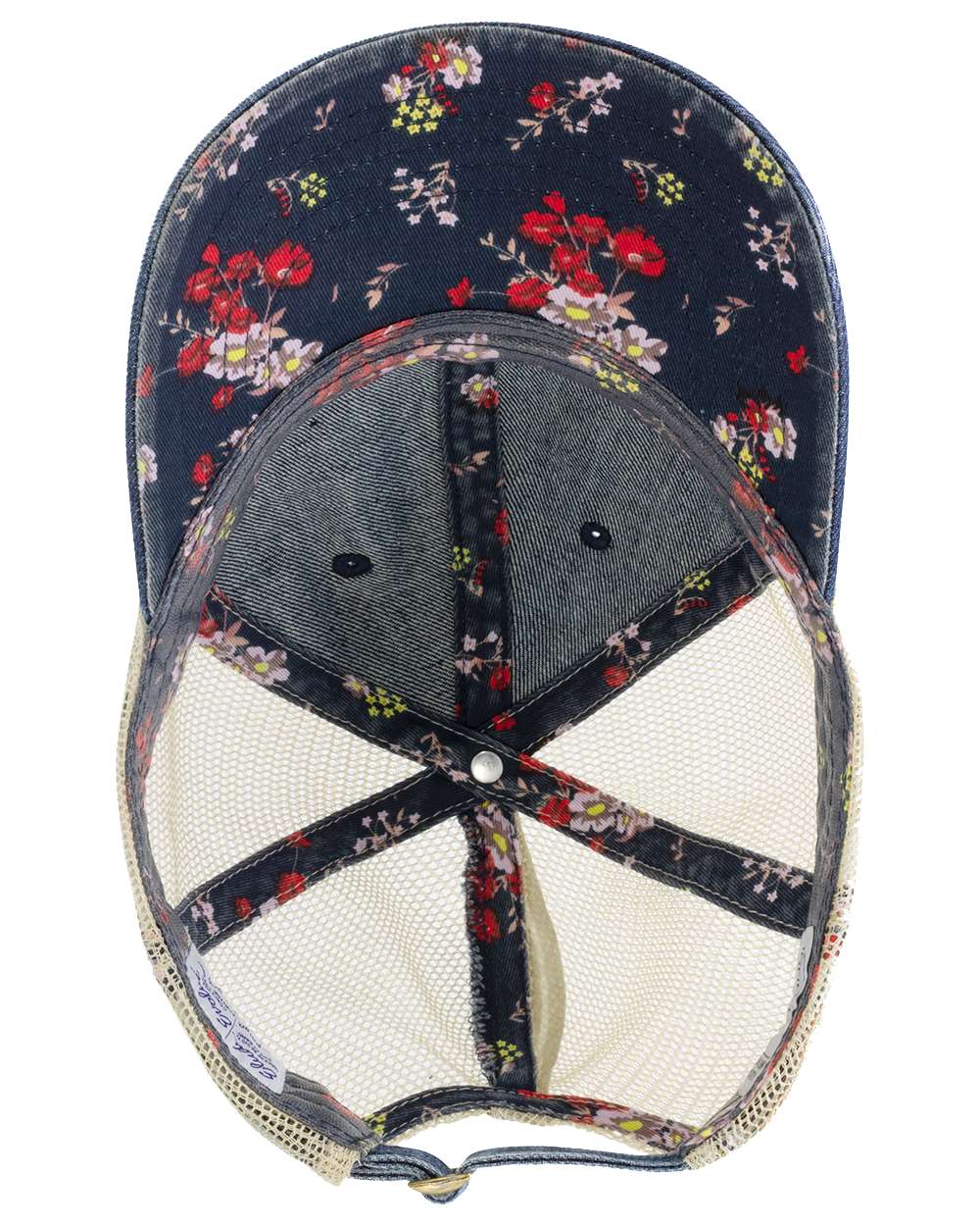 A women's denim mesh-back cap in denim with floral print.