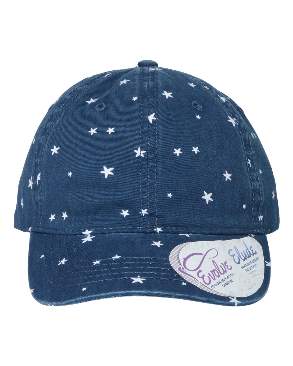 A women's garment-washed fashion print cap in navy with white stars.