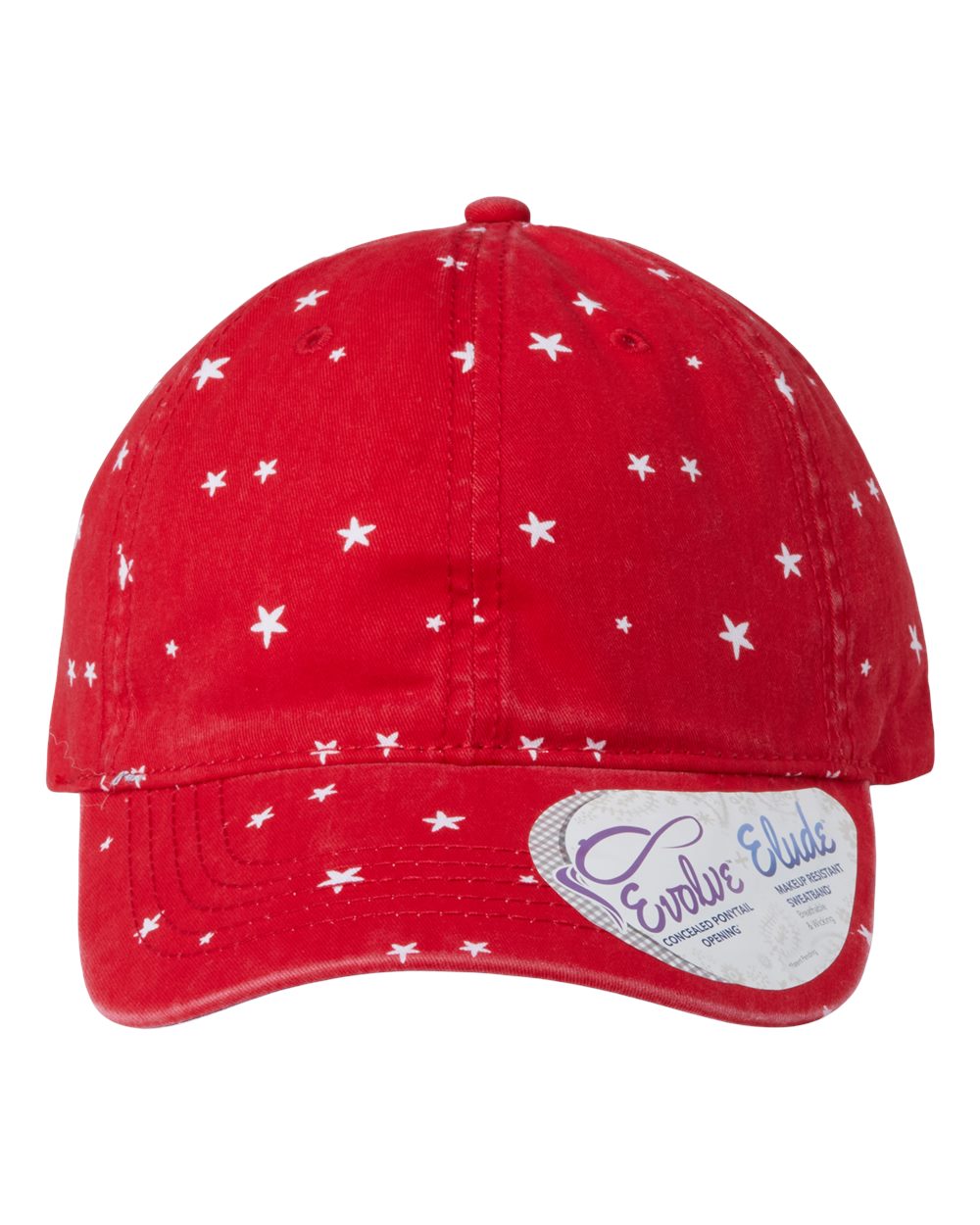 A women's garment-washed fashion print cap in red with white stars.