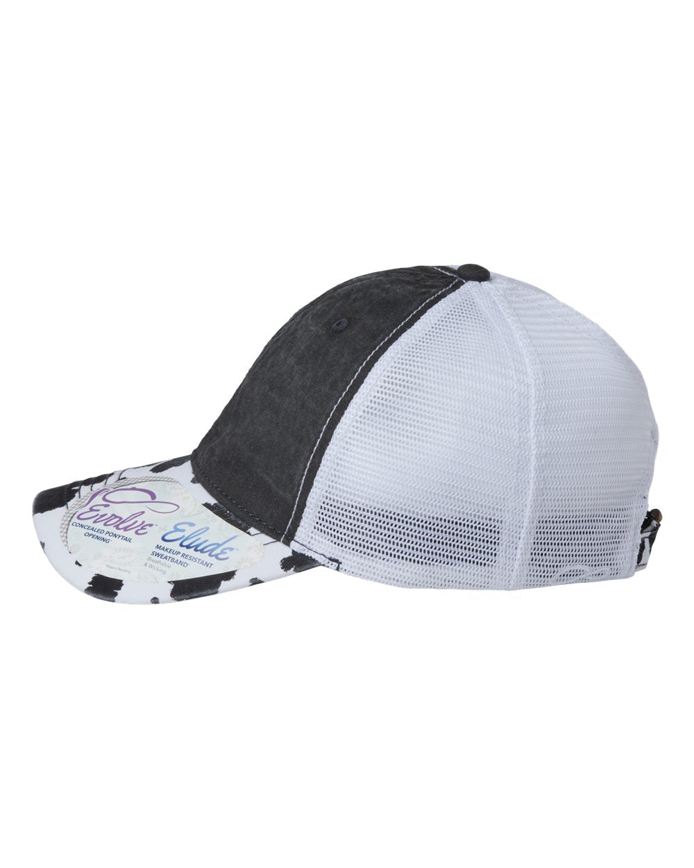 A women's printed visor with mesh back cap in black, featuring cow print on the visor and white mesh back.