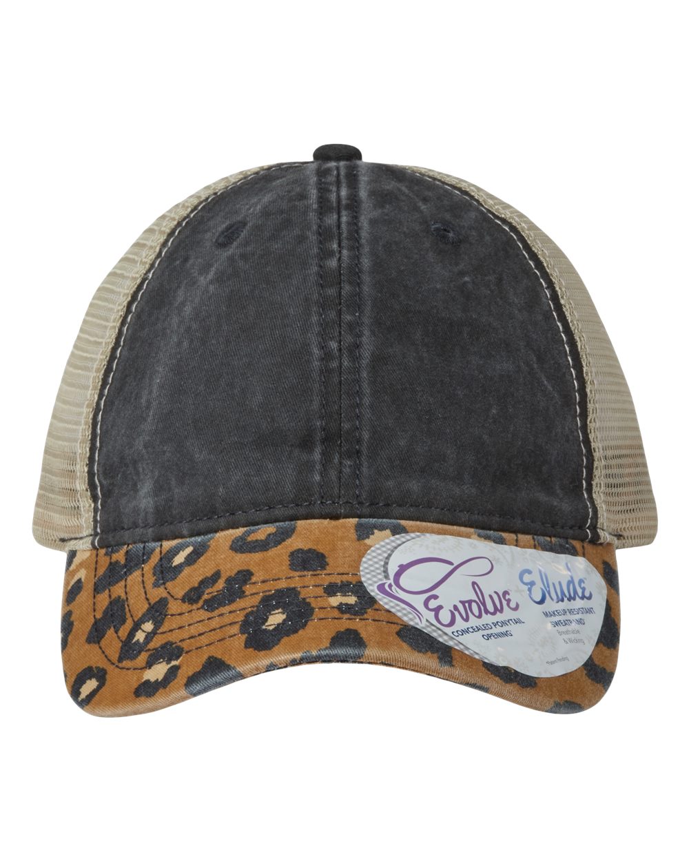 A women's printed visor with mesh back cap in black, featuring leopard print on the visor and khaki mesh back.