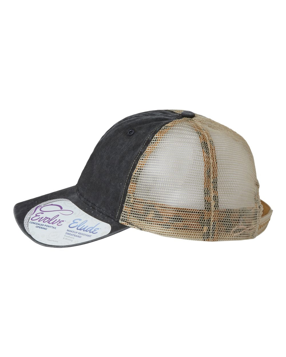 Image of Kelly's Stateline Black/Leopard Ponytail Cap with a brown patch, featuring an integrated ID slot, perfect for showcasing style and convenience at events with durable construction and a comfortable fit.