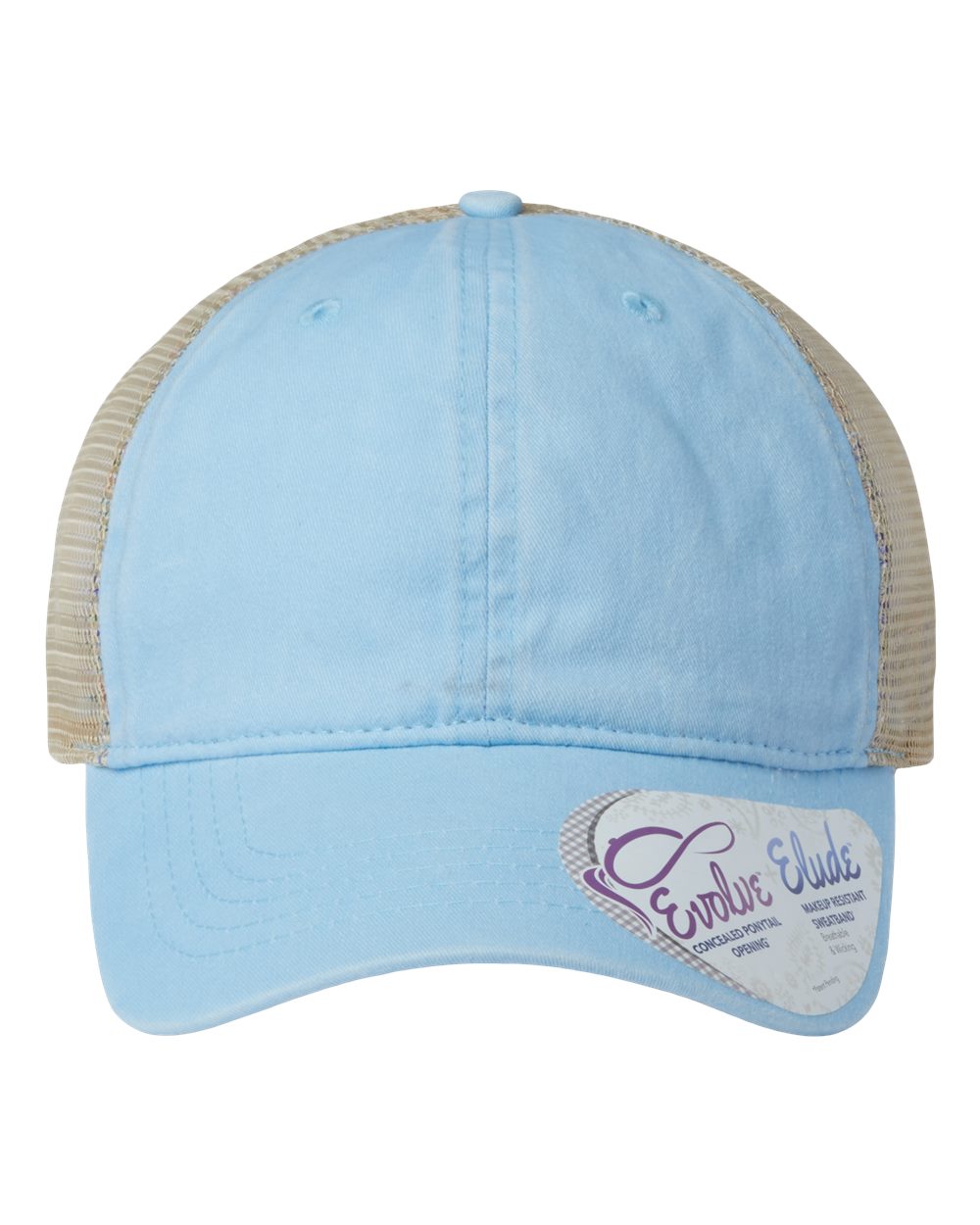 A women's washed mesh-back cap in cashmere blue with floral pattern on the front panel.