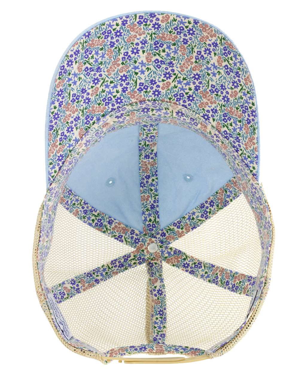 A women's washed mesh-back cap in cashmere blue with floral pattern on the front panel.