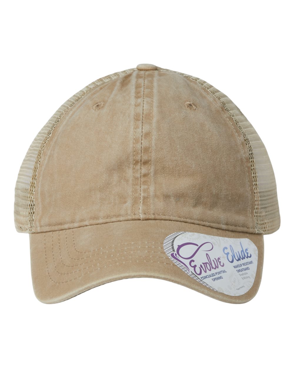 A women's washed mesh-back cap in khaki with camouflage pattern on the front panel.