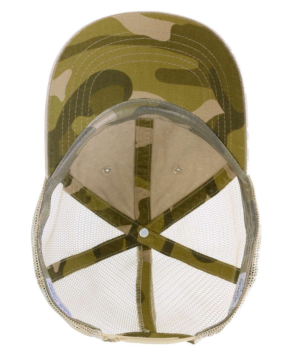A women's washed mesh-back cap in khaki with camouflage pattern on the front panel.