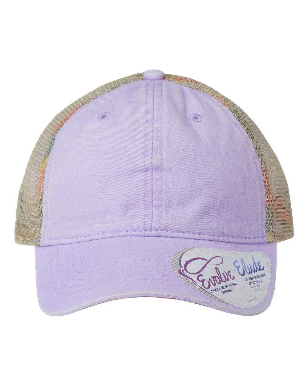 A women's washed mesh-back cap in lavender with a striped pattern on the front panel.