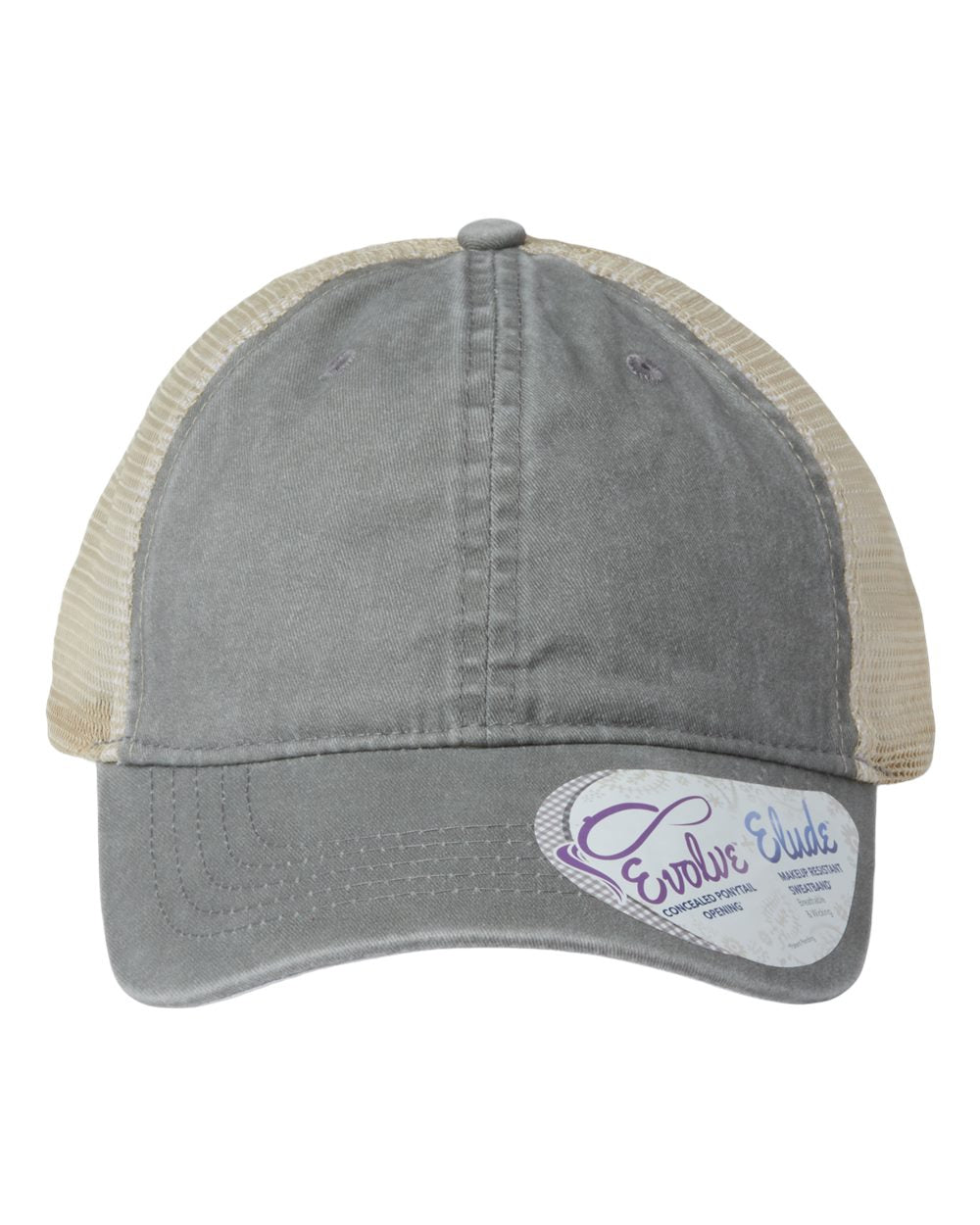 A women's washed mesh-back cap in light grey with polka dot pattern on the front panel.