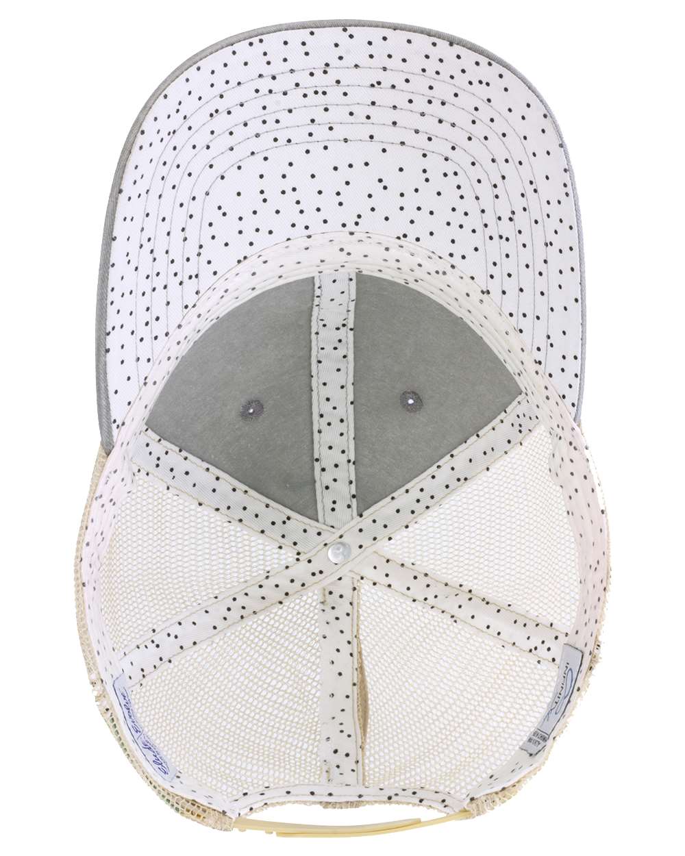A women's washed mesh-back cap in light grey with polka dot pattern on the front panel.