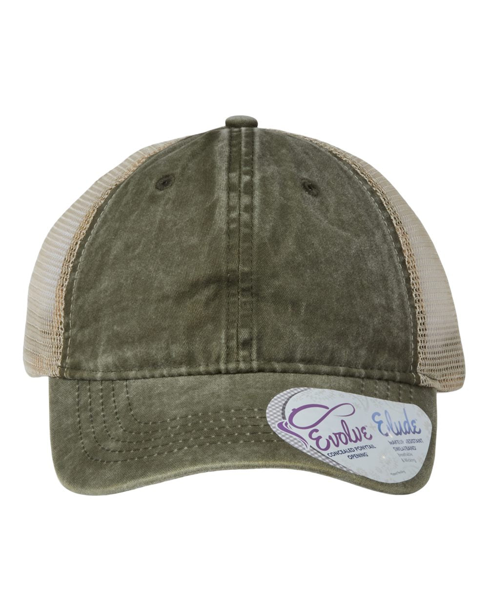 A women's washed mesh-back cap in olive green with camouflage pattern on the front panel.