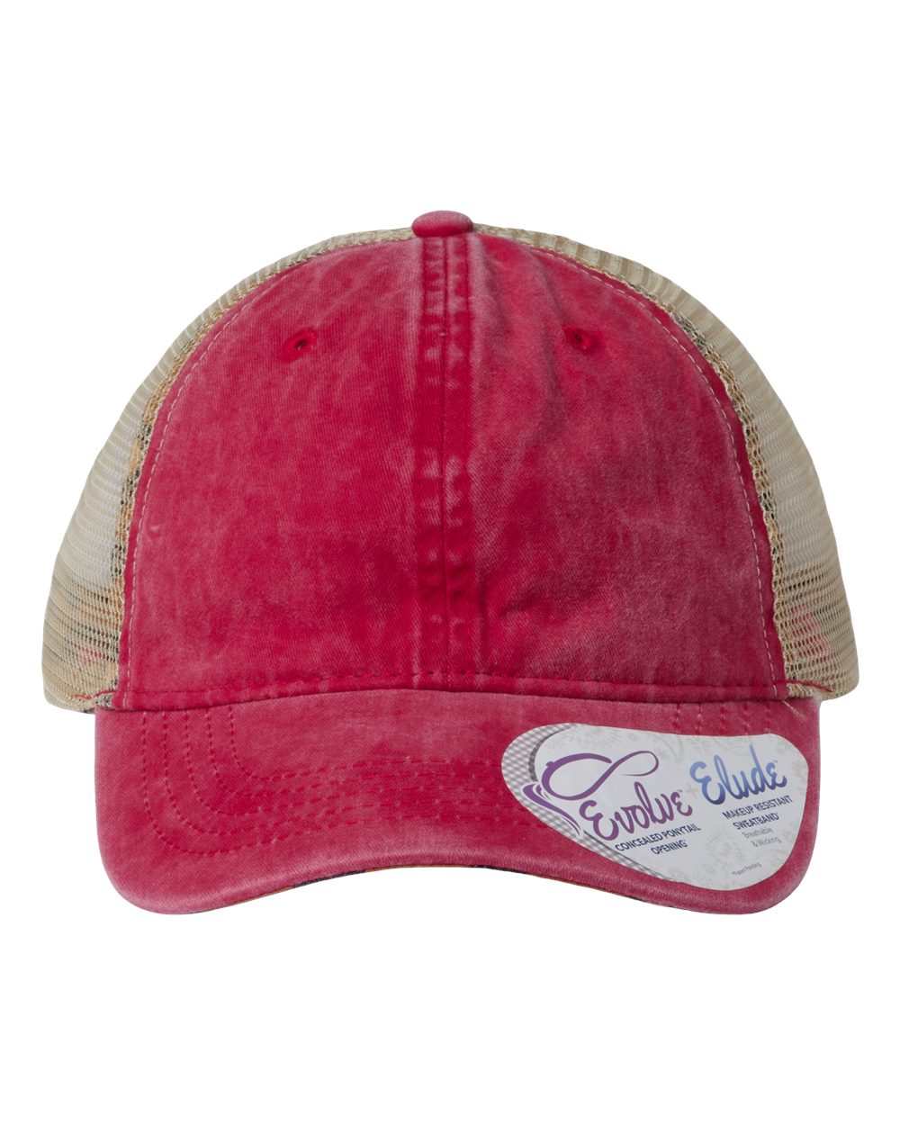 A women's washed mesh-back cap in red with leopard print on the front panel.