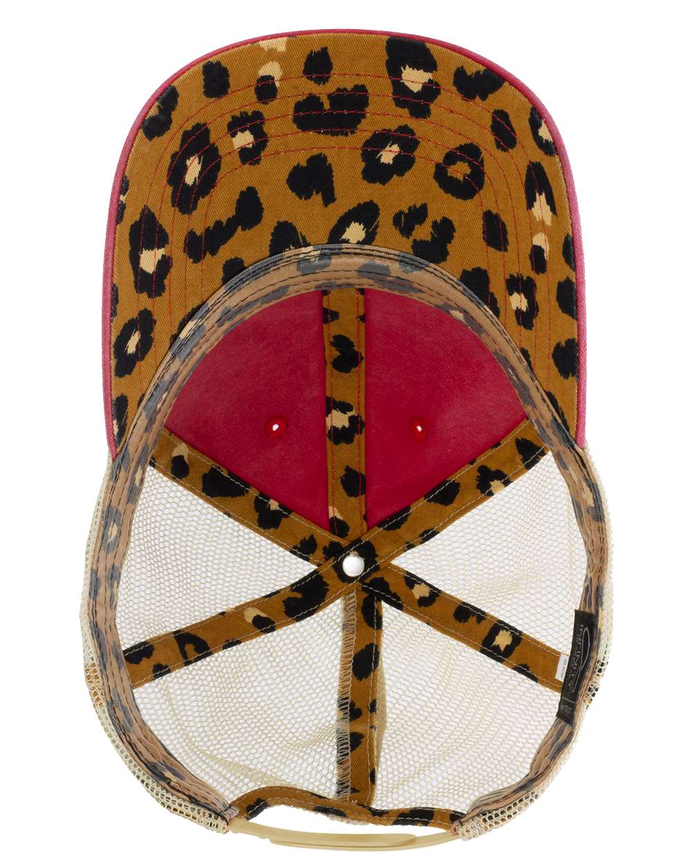 A women's washed mesh-back cap in red with leopard print on the front panel.