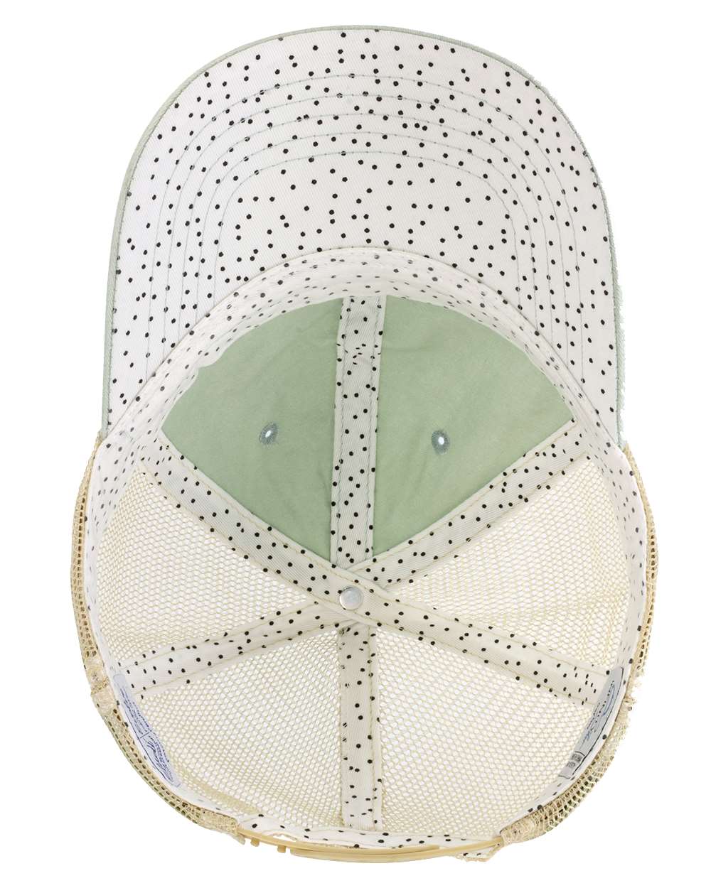 A women's washed mesh-back cap in sage green with polka dot pattern on the front panel.