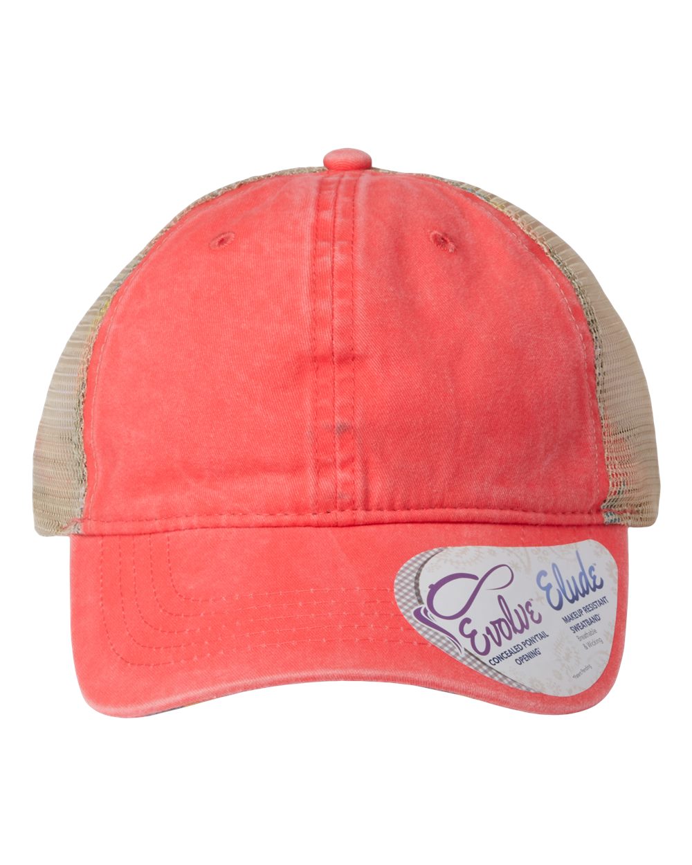 A women's washed mesh-back cap in sherbet with a striped pattern on the front panel.