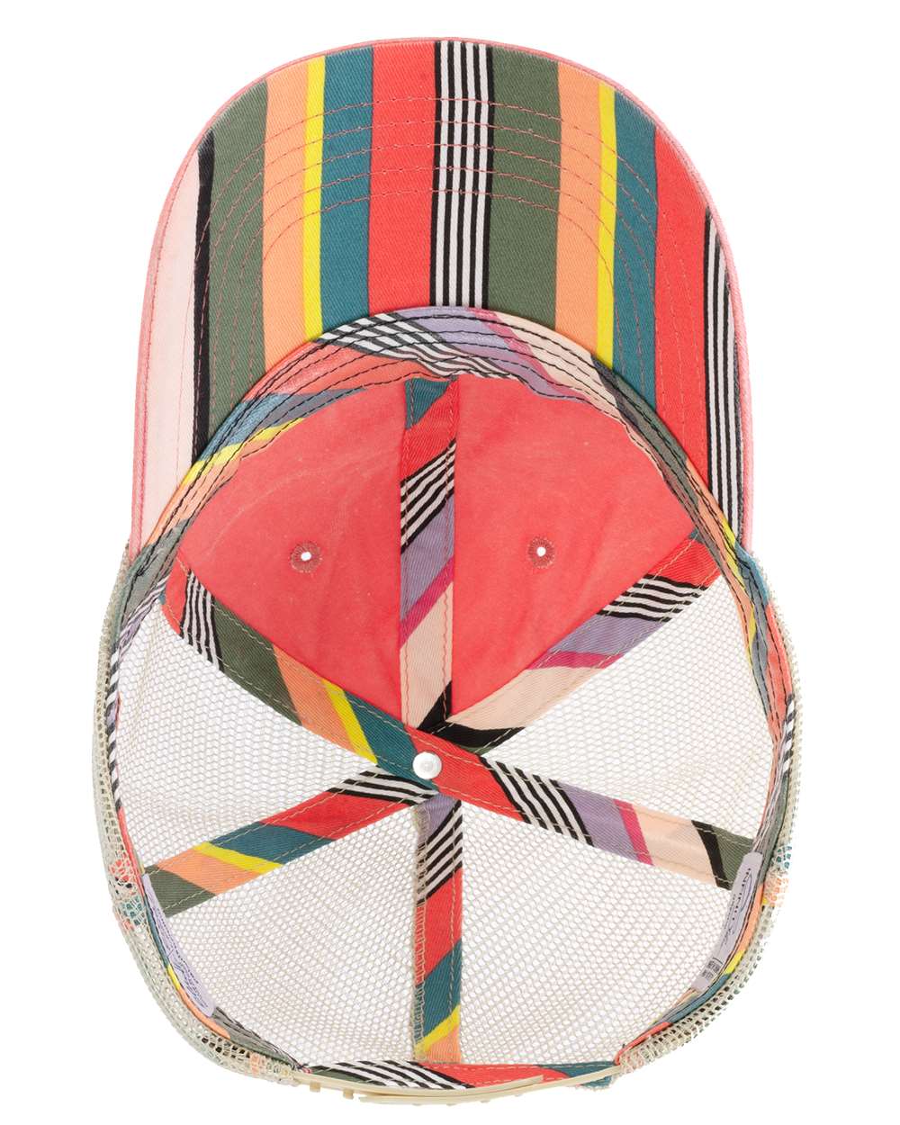 A women's washed mesh-back cap in sherbet with a striped pattern on the front panel.