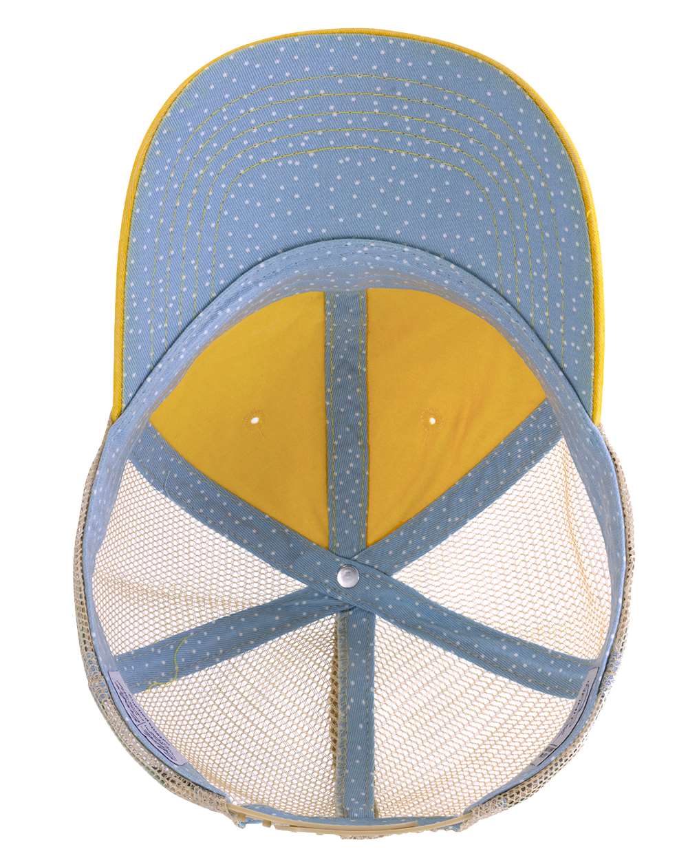 A women's washed mesh-back cap in sunset yellow with polka dot pattern on the front panel.