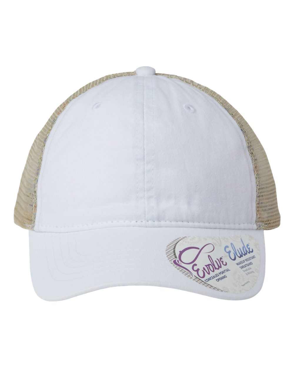 A women's washed mesh-back cap in white with floral print on the front panel.