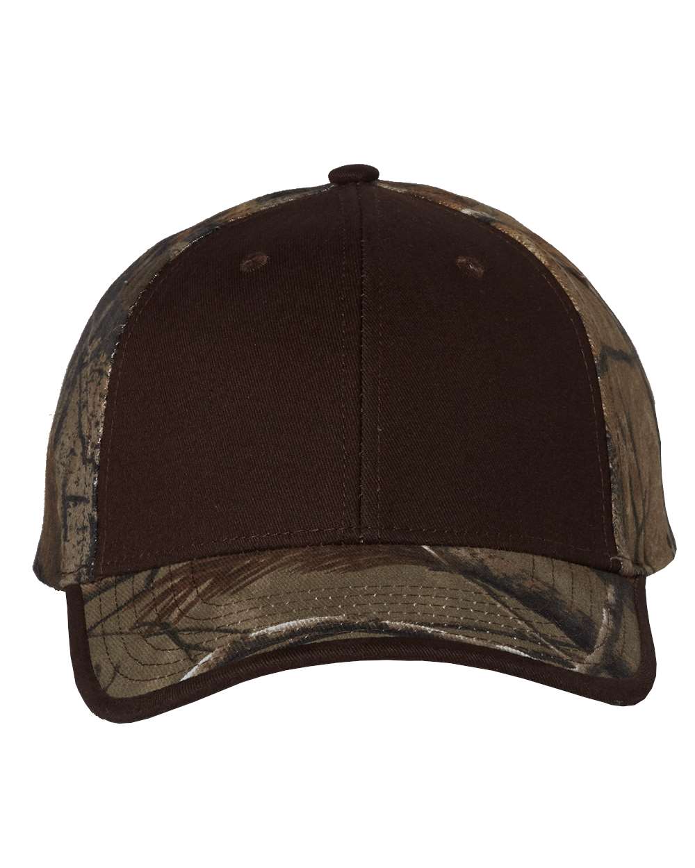 A cap with a solid brown front and a camo back in Realtree AP pattern.