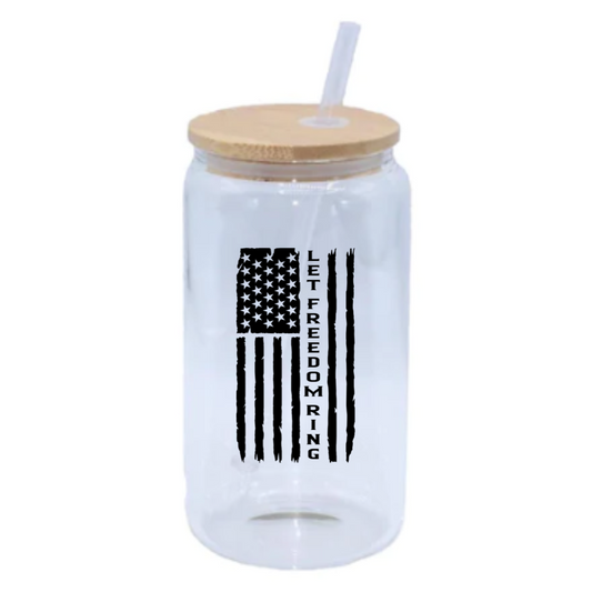 Let Freedom Ring Glass Beer Can with Bamboo Lid & Straw - Clear