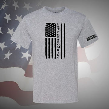  Image of the Let Freedom Ring T-Shirt in Heather Gray featuring the patriotic slogan, perfect for showing your love for freedom with comfort and style on any occasion.