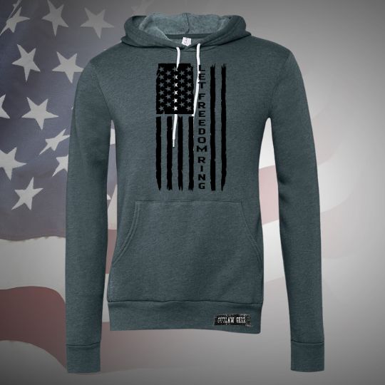  Image of the Let Freedom Ring Sponge Fleece Hoodie featuring the patriotic slogan, perfect for staying cozy and stylish on chilly days while showcasing your love for freedom.