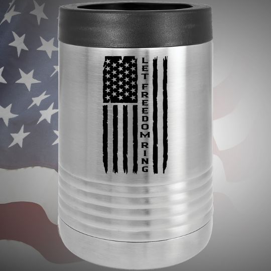 Image of the Let Freedom Ring Metal Beverage Holder available in white or silver options, featuring the patriotic slogan, perfect for keeping drinks cool and displaying patriotism at picnics or barbecues.